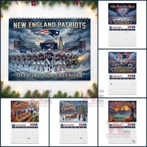 New England Patriots 2026 Wall Calendar 11 Collection of New England Patriots twenty twenty six calendar pages with holiday championship and seasonal themes surrounding the main cover!