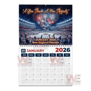 New England Patriots 2026 Wall Calendar 12 January twenty twenty six New England Patriots calendar page with a nighttime stadium and bright fireworks overhead!