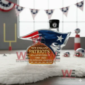 A bottle shaped like the Patriots logo with anniversary text displayed in a decorated football room!
