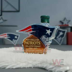 A Patriots logo shaped bottle with green cap positioned on a rug amid team decorations!