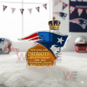 A crown topped Patriots logo bottle displayed in a bright sports themed setting!
