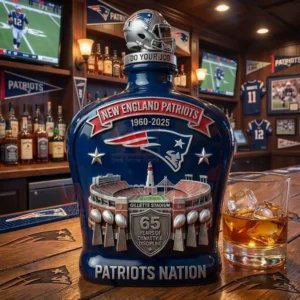 New England Patriots 65th Anniversary 1960-2025 Whiskey Bottle 5 New England Patriots commemorative whiskey bottle displayed in a sports bar environment!