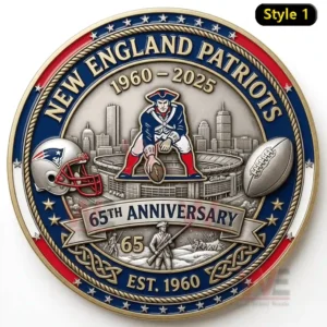 New England Patriots anniversary coin with patriot figure stadium helmet and football details!