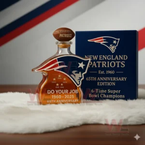 New England Patriots 65th Anniversary Glass Whiskey Bottle 4 Glass bottle and matching box arranged indoors with football theme!