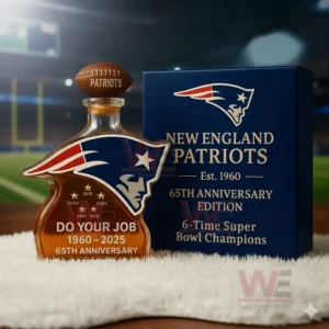 New England Patriots 65th Anniversary Glass Whiskey Bottle 5 Football themed glass bottle and box displayed in stadium setting!