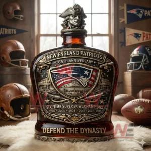 Decorative whiskey bottle with football team crest and championship theme placed in a sports memorabilia room!