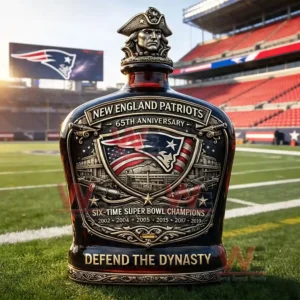 Championship themed whiskey bottle displayed on a football field with stadium seats behind it!