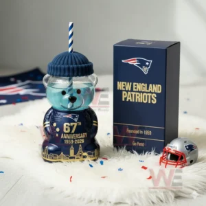 New England Patriots bear glass cup with straw hat box and football themed decorations!