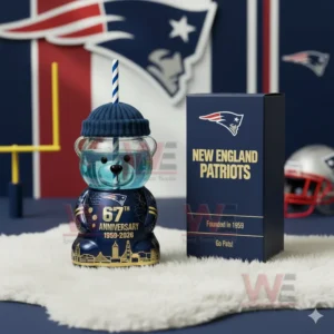 Bear shaped New England Patriots glass cup with anniversary design and stadium style display!