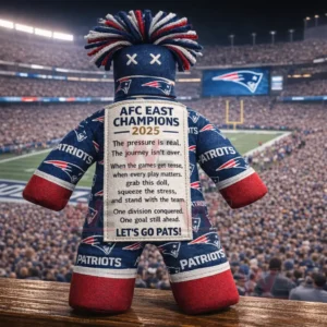 New England Patriots fan doll with team colors and AFC East Champions 2025 message standing before a crowded football stadium!