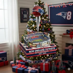 New England Patriots Gillette Stadium 66th Anniversary Ornament 4 New England Patriots themed Christmas tree with stadium ornament team colored ornaments wrapped gifts and warm glowing lights in a cozy room!