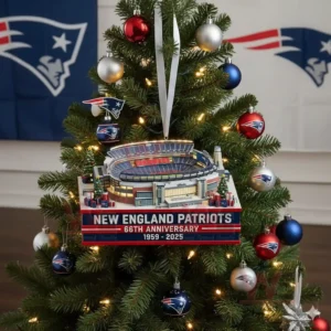 New England Patriots Gillette Stadium 66th Anniversary Ornament 5 Alternate view of a New England Patriots stadium ornament hanging on a Christmas tree with team logo ornaments lights and holiday decor!