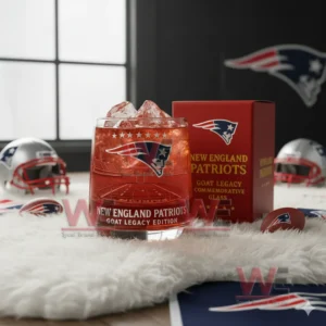 New England Patriots Goat Legacy Whiskey Glass 5 A Patriots Goat Legacy glass with red ice beside a red team box and football helmets!