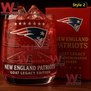New England Patriots Goat Legacy Whiskey Glass 7 A close up Patriots Goat Legacy glass with red ice beside a red commemorative box!