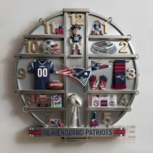 Decorative New England Patriots wall clock featuring team memorabilia arranged inside a round metal frame!