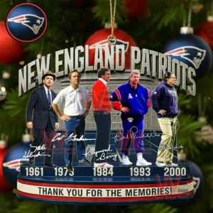 Ornament of New England Patriots legendary coaches with years and signatures on a Christmas tree!
