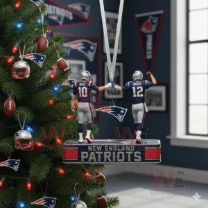 New England Patriots Maye and Brady Fist Bump Christmas Ornament 5 Holiday ornament with two football players hanging in front of a Christmas tree inside a sports themed room!