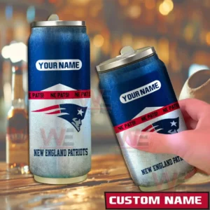 Customizable blue and silver New England Patriots can shaped tumbler shown in a bar scene.
