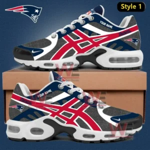 Two side view mockup of navy red and gray Patriots themed running shoes on a shoebox featuring custom name text bold stripe pattern team logos and cushioned sole with visible air windows.