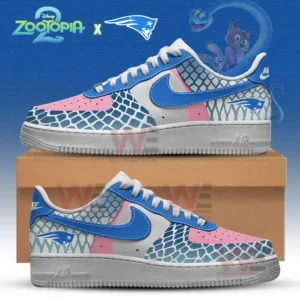 Custom sneakers with blue pink and white scaled designs the New England Patriots logo and Zootopia artwork behind them!