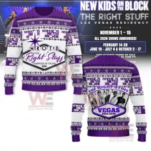 Purple and white holiday sweater with pop band theme Las Vegas design and decorative winter patterns shown from front and back!