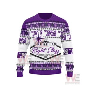 New Kids On The Block Las Vegas Christmas Ugly Sweater 4 Front view of a purple and white holiday sweater with music band logo and winter knit patterns!