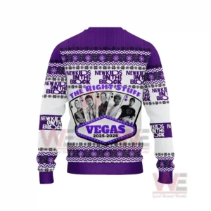 New Kids On The Block Las Vegas Christmas Ugly Sweater 5 Back view of a purple holiday sweater with Las Vegas theme band member graphics and bold concert design!