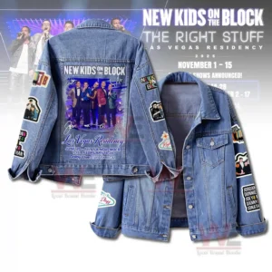 Blue denim jacket with a large concert residency artwork on the back and classic front styling with themed patches on both sleeves!