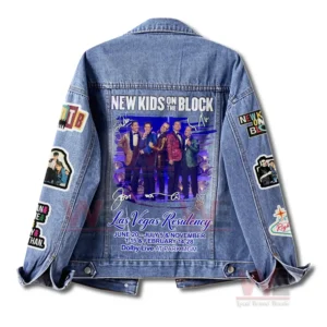 New Kids On The Block Las Vegas Residency Denim Jacket 5 Back view of a denim jacket with a large colorful concert poster graphic including group imagery dates and signatures!