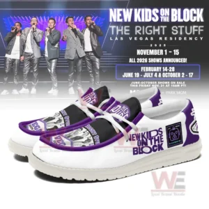 Pop band themed white and purple slip on shoes shown in front of a live concert stage!