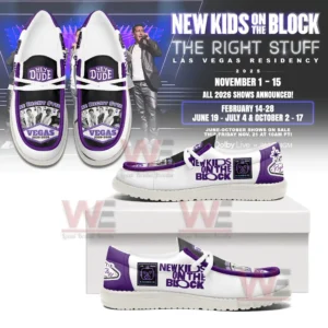New Kids On The Block Las Vegas Residency Hey Dude Shoes 6 Various views of white and purple pop band themed shoes with bold graphics!
