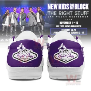 New Kids On The Block Las Vegas Residency Hey Dude Shoes 7 Rear view of white and purple music themed shoes with stage inspired emblem!
