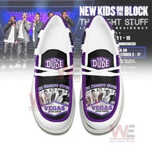 New Kids On The Block Las Vegas Residency Hey Dude Shoes 8 Top view of white and purple pop band themed slip on shoes with bold graphics!