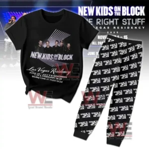 Black pajama set with a band themed shirt and matching logo patterned pants!