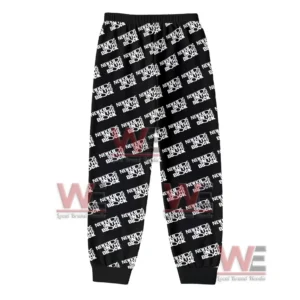 Black pajama pants with repeating band name pattern throughout the design!