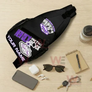 New Kids On The Block Personalized Sling Bags 7 Black sling backpack shown with personal items for daily carry use!