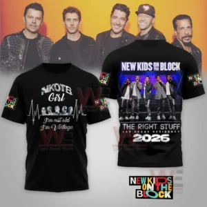 A black shirt showing a vintage themed front with group silhouettes and a full concert image with show details on the back!