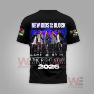 A black shirt back showing a full color performance image with residency details for the group!