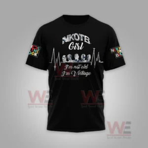 A black shirt front showing fan themed text silhouettes of the group and a heart rate line graphic!