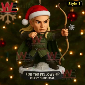 Elf archer christmas ornament with santa hat bow and arrow green cloak and festive lights!