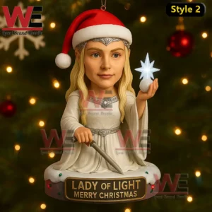 NEW Lord of the Rings Christmas Decoration Ornament 10 Lady of light christmas ornament with santa hat glowing star white gown and peaceful holiday background!