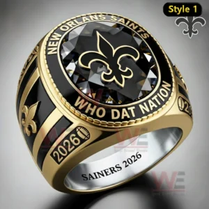 New Orleans Saints fan ring with black gemstone center gold band and fleur de lis emblem representing power tradition and football devotion!