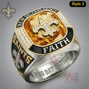 New Orleans Saints fan ring with gold gemstone center silver band and fleur de lis logo symbolizing faith pride and football loyalty!