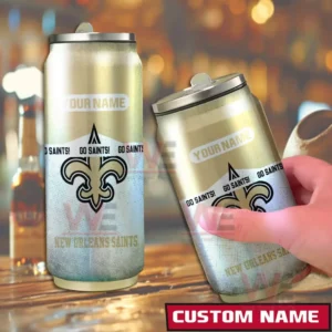 Customizable gold and silver New Orleans Saints can shaped tumbler shown in a bar scene.