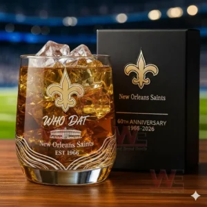New Orleans Saints whiskey glass with ice and gold logo standing next to a black anniversary box!