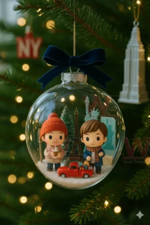 Clear ornament with two figures red truck and New York elements hanging on a Christmas tree.