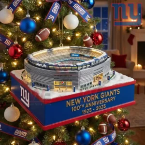 Miniature football stadium ornament hanging on a Christmas tree with team colors lights and decorative football elements!