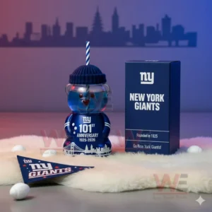 New York Giants 101st Anniversary 1925-2026 Bear Glass Cup 4 New York Giants bear glass cup with straw hat and box in a city themed display!