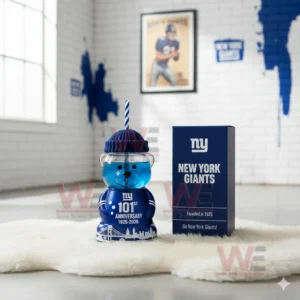 New York Giants 101st Anniversary 1925-2026 Bear Glass Cup 5 Bear shaped New York Giants glass cup with anniversary design and sports room background!