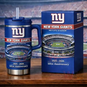 Product shot of a blue New York Giants tumbler with handle and straw beside its matching box featuring the ny logo MetLife Stadium artwork and 101st anniversary text.